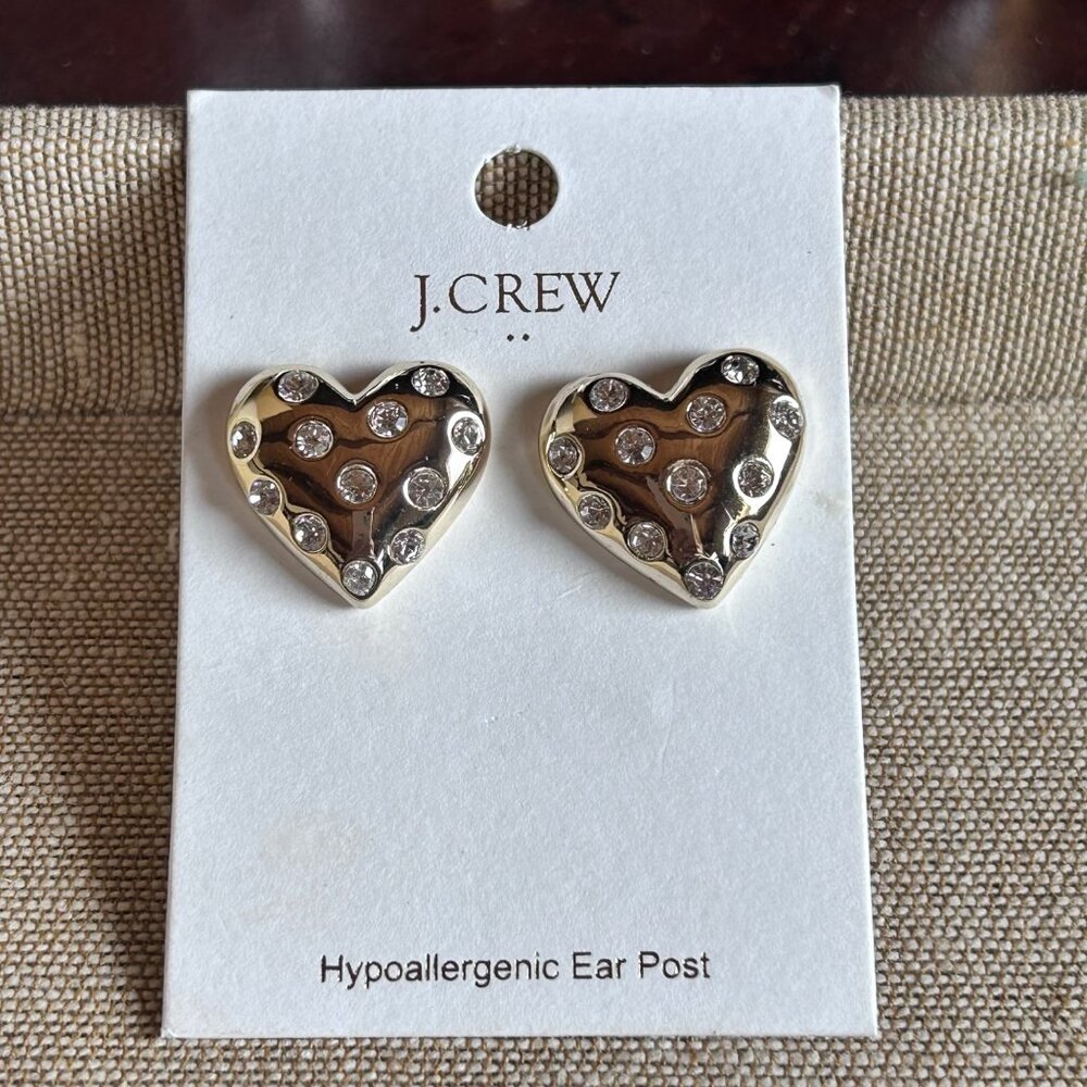 J. Crew Factory Gold Tone Heart Earrings w Rhinestones NWT